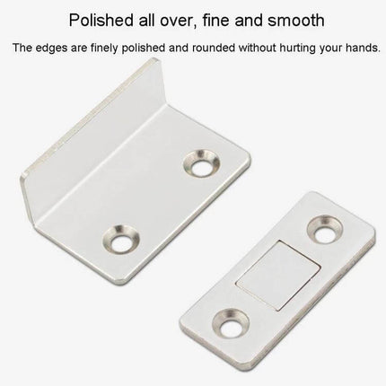 No Punch Invisible Door Suction Magnetic Catch For Wardrobe Doors slim nickel-plated L-type catch showing polished mounting plates