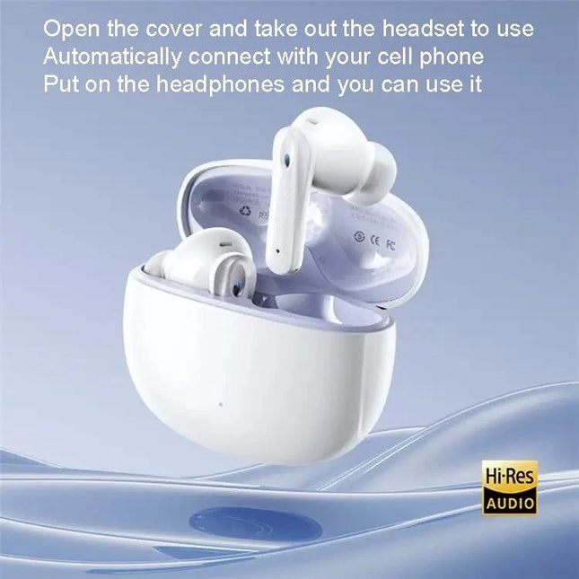 REMAX CozyPods Earbuds With Noise Reduction For Work white wireless earbuds in open charging case with dual noise reduction