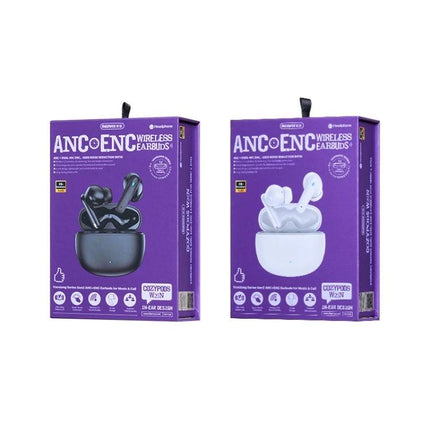 REMAX CozyPods Earbuds With Noise Reduction For Work, dual-color wireless earbuds in charging cases on purple retail boxes