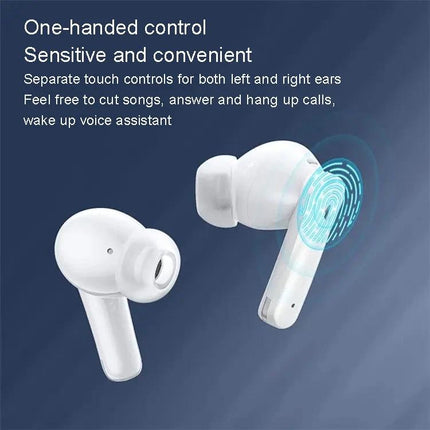 REMAX CozyPods Earbuds With Noise Reduction For Work white in-ear Bluetooth earbuds showing touch control and noise reduction