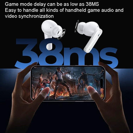 REMAX CozyPods Earbuds With Noise Reduction For Work showing earbuds above phone gaming 38ms low latency