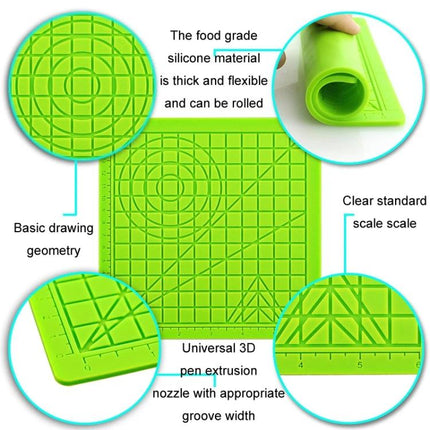 Silicone Mat for 3D Printing Pens and DIY Templates green food-grade flexible surface with grid, circle guides and ruler for clean filament removal
