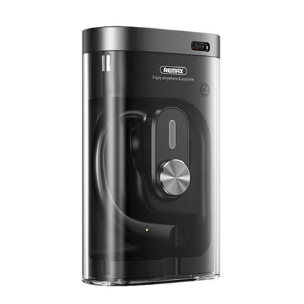 REMAX OpenBuds Open Ear Earbuds For Running And Commuting sleek black open-ear earbuds in transparent charging case