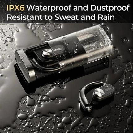 REMAX OpenBuds Open Ear Earbuds For Running And Commuting shown with IPX6 water droplets on charging case and earbud