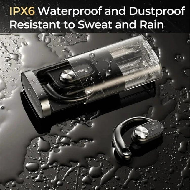 REMAX OpenBuds Open Ear Earbuds For Running And Commuting shown with IPX6 water droplets on charging case and earbud
