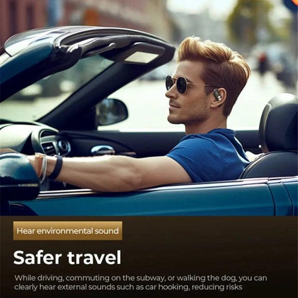 REMAX OpenBuds Open Ear Earbuds For Running And Commuting in-car lifestyle shot showing open-ear earbuds for situational awareness