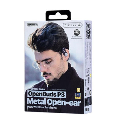 REMAX OpenBuds Open Ear Earbuds For Running And Commuting box showing model wearing OpenBuds P3 with metal open-ear design