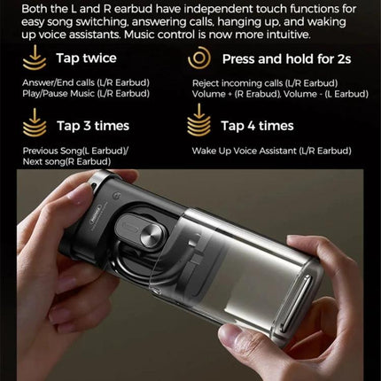 REMAX OpenBuds Open Ear Earbuds For Running And Commuting showing open-ear earbuds in charging case with control instructions