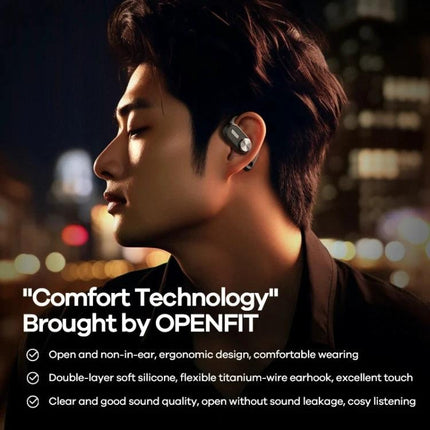 REMAX OpenBuds Open Ear Earbuds For Running And Commuting worn by runner in city night, open-ear design for situational awareness
