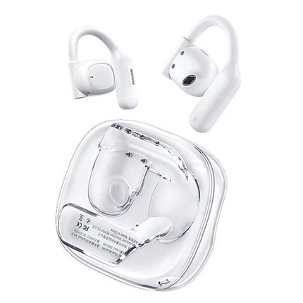 REMAX OpenBuds Open Ear Bluetooth Earbuds For Jogging And Commuting white open-ear earbuds with charging case