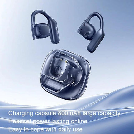 REMAX OpenBuds Open Ear Bluetooth Earbuds For Jogging And Commuting showing open‑ear design, charging case and secure hang‑ear fit
