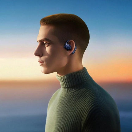 REMAX OpenBuds Open Ear Bluetooth Earbuds For Jogging And Commuting shown on a man wearing open-ear hanging earbuds outdoors at sunset