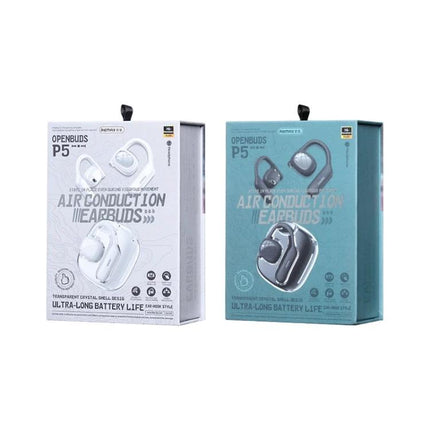 REMAX OpenBuds Open Ear Bluetooth Earbuds For Jogging And Commuting packaging showing two P5 color variants for outdoor use