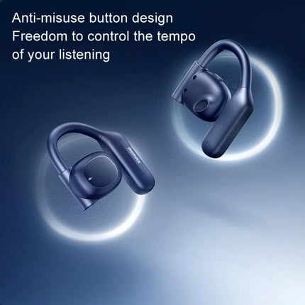 REMAX OpenBuds Open Ear Bluetooth Earbuds For Jogging And Commuting in navy blue open‑ear hanging design for outdoor use