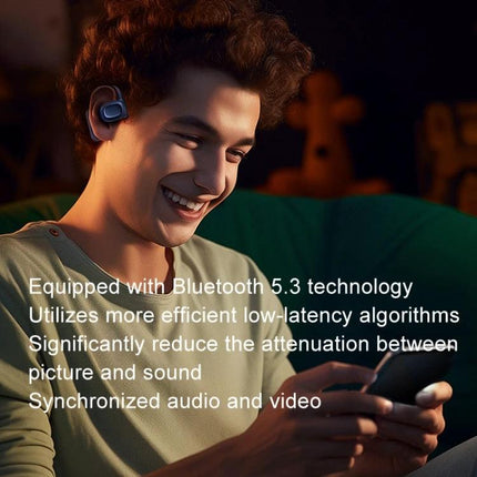 REMAX OpenBuds Open Ear Bluetooth Earbuds For Jogging And Commuting young man wearing open-ear earbuds smiling while using smartphone