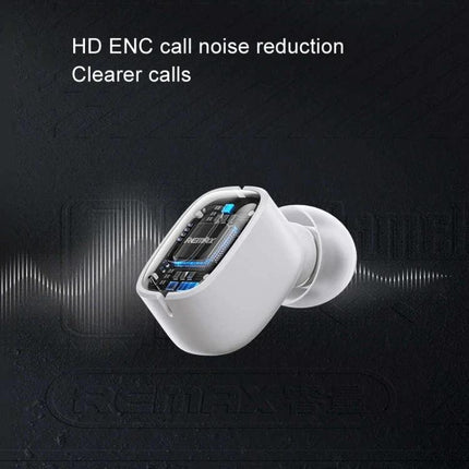 REMAX Transparent Wireless Earbuds For Gaming And Everyday Use showing transparent casing and HD ENC noise reduction chip
