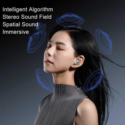 REMAX Transparent Wireless Earbuds For Gaming And Everyday Use showing transparent earbuds on woman with immersive spatial sound