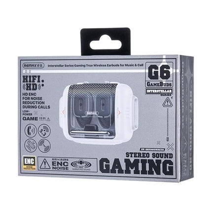 REMAX Transparent Wireless Earbuds For Gaming And Everyday Use showing clear-case GameBuds G6 packaging and charging case