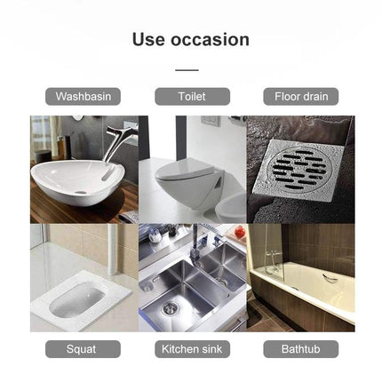 Essential Tool for Clearing Home Sink and Toilet Clogs — collage showing washbasin, toilet, floor drain, squat, kitchen sink, and bathtub uses