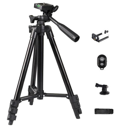 Portable Aluminum Tripod for DSLR Camera Photography with Bag showing black lightweight aluminum tripod with carry bag and accessories