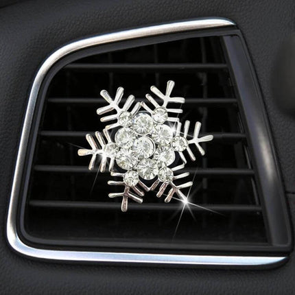 Rhinestone Snowflake Metal Car Vent Clip For Aromatherapy attached to car air vent with sparkling crystals, secure clamp, decorative aromatherapy diffuser
