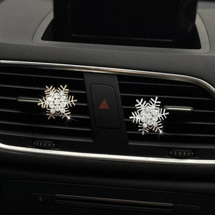 Rhinestone Snowflake Metal Car Vent Clip For Aromatherapy clipped to car vent, dual sparkling snowflake aromatherapy diffusers for fresh cabin air