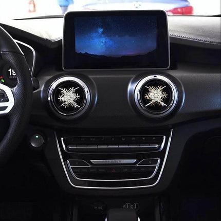 Rhinestone Snowflake Metal Car Vent Clip For Aromatherapy clipped to car vents, metal rhinestone snowflake design holding aromatherapy tablet, secure no-rattle fit