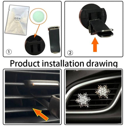 Rhinestone Snowflake Metal Car Vent Clip For Aromatherapy showing installation on air vent with aromatherapy tablet