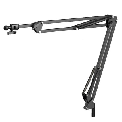 Universal Telescopic Stand for Cell Phones and Tablets shown mounted on desk with adjustable cantilever arm and 360-degree rotation