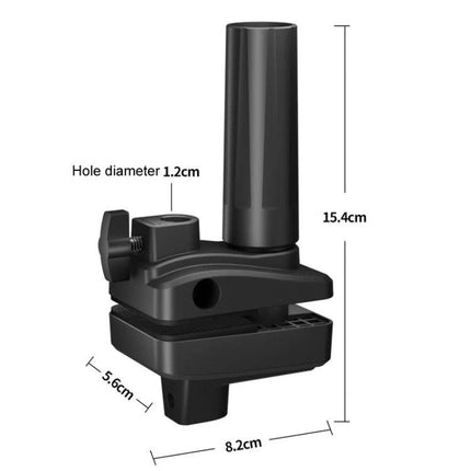 Universal Telescopic Stand for Cell Phones and Tablets showing clamp base with 15.4cm mast, 1.2cm hole diameter and 8.2cm width for secure mounting