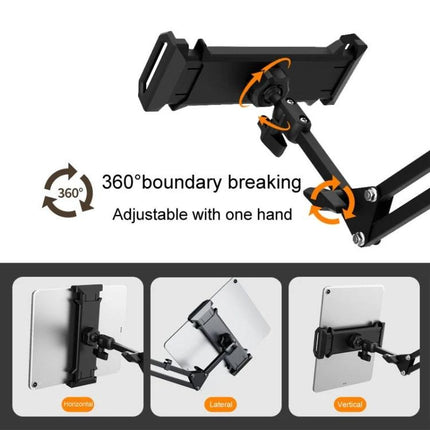 Universal Telescopic Stand for Cell Phones and Tablets showing 360-degree rotation, adjustable angles for hands-free video calls, reading, and desk use