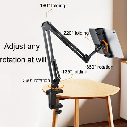 Universal Telescopic Stand for Cell Phones and Tablets mounted on desk showing 360° rotation and multi-angle folding for hands-free viewing