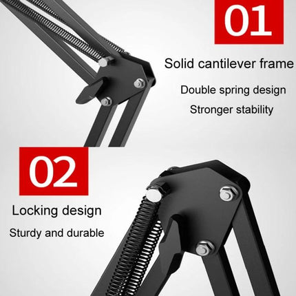 Universal Telescopic Stand for Cell Phones and Tablets showing solid cantilever frame and locking double-spring design for stable hands-free viewing