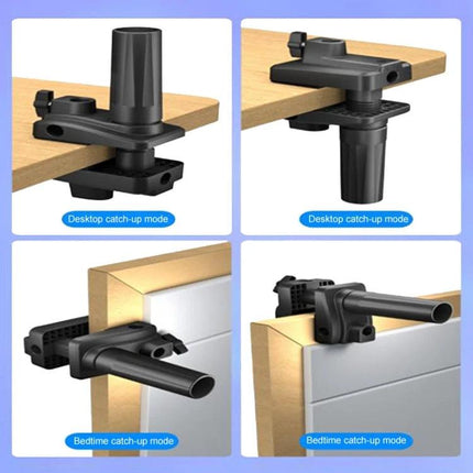 Universal Telescopic Stand for Cell Phones and Tablets clamped to desk and bedside with 360° rotation and adjustable angles for hands-free viewing