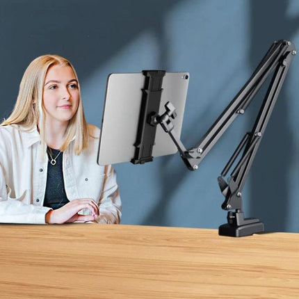 Universal Telescopic Stand for Cell Phones and Tablets holding a tablet on a 360-degree rotating adjustable cantilever arm for hands-free desk use