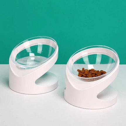 Comfortable Inclined Cat Food Bowl for Daily Home Use shown in white tilted design with clear bowls, promoting better posture and less neck strain
