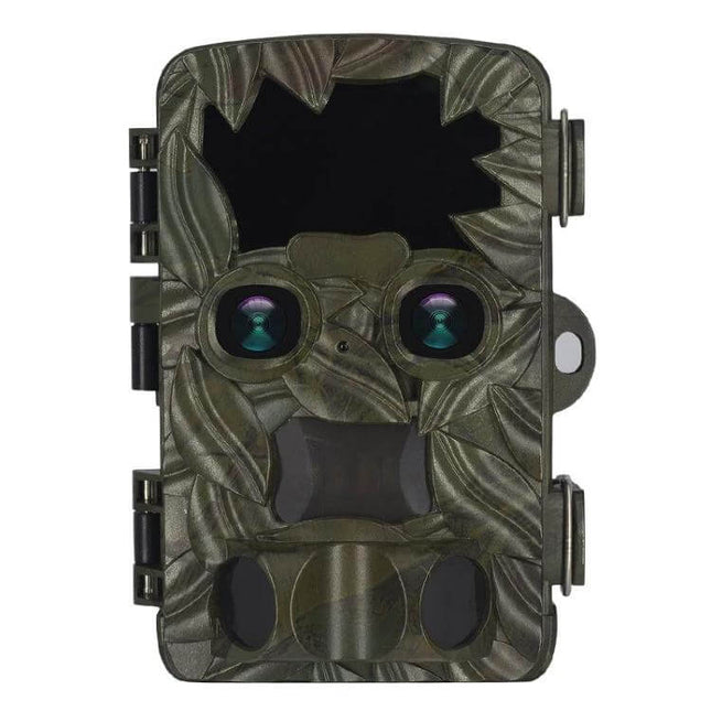 Dual Lens Outdoor Camera for Nighttime Monitoring camo trail camera with dual lenses, 4K recording, 110° FOV, IP66 weather-resistant housing