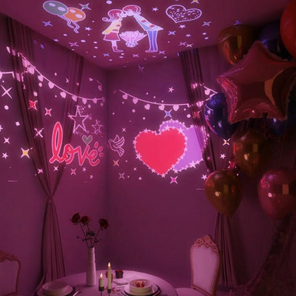 Create a Cozy Home Atmosphere with Cartoon Projection Night Light projecting pink hearts, stars and 'love' on bedroom walls for a romantic cozy scene