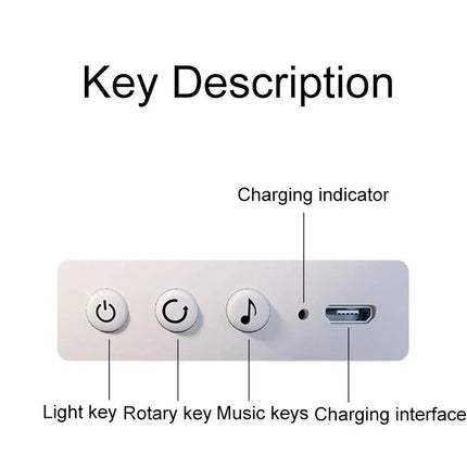 Create a Cozy Home Atmosphere with Cartoon Projection Night Light - control panel showing light, rotary, music buttons, charging indicator and USB port