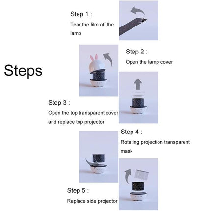 Create a Cozy Home Atmosphere with Cartoon Projection Night Light showing step-by-step setup and projector cover replacement instructions
