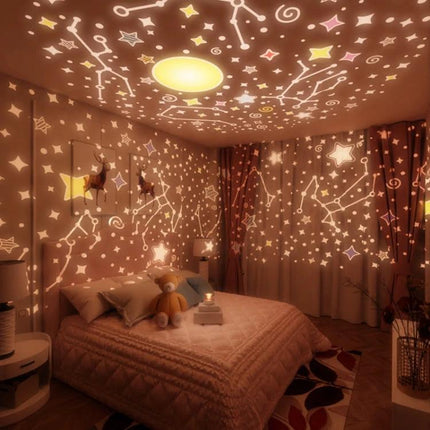 Create a Cozy Home Atmosphere with Cartoon Projection Night Light projecting stars and constellations over a child's bedroom ceiling and walls