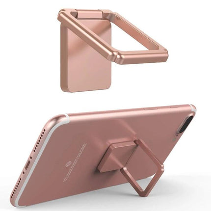 Magnetic Rotating Square Ring Buckle for Mobile Phones attached to rose gold phone providing grip and kickstand