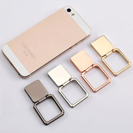 Magnetic Rotating Square Ring Buckle for Mobile Phones attached to rose gold phone with four metal ring buckle colors (gold, rose gold, silver, gunmetal)
