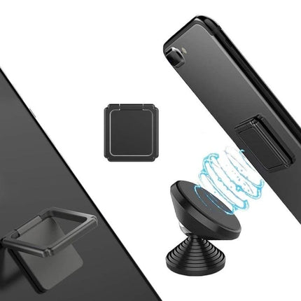 Magnetic Rotating Square Ring Buckle for Mobile Phones attached to black phone showing magnetic mount and rotating square ring grip
