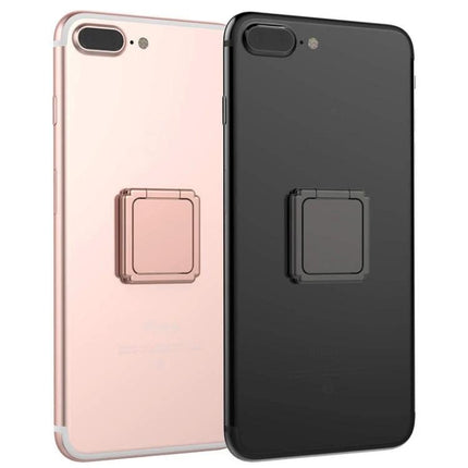 Magnetic Rotating Square Ring Buckle for Mobile Phones attached to rose gold and black phones for secure grip and hands-free viewing