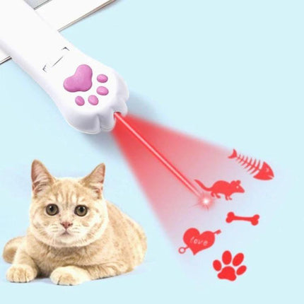 Versatile Cat Projection Toy for Everyday Home Pet Fun and Care - white paw laser projector with red light showing mouse, fishbone, paw and love icons to engage cat