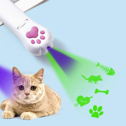 Versatile Cat Projection Toy for Everyday Home Pet Fun and Care showing white paw-shaped projector casting red green and purple light patterns for cat play and inspection