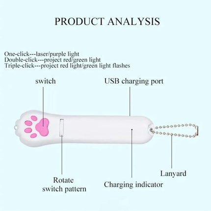 Versatile Cat Projection Toy for Everyday Home Pet Fun and Care — white paw-shaped USB rechargeable projector with red, green, purple light modes