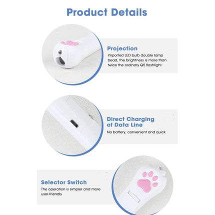 Versatile Cat Projection Toy for Everyday Home Pet Fun and Care - white handheld projector with red green purple modes, USB charging, paw selector switch