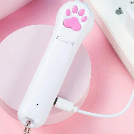 Versatile Cat Projection Toy for Everyday Home Pet Fun and Care - white paw-shaped rechargeable laser pointer with red green purple light modes for play and care